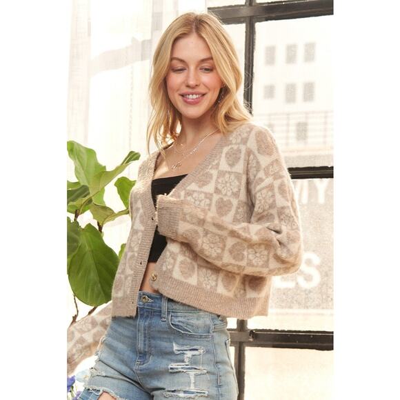 ADORA Heart Printed Button Down Relaxed Fit Cropped Sweater Cardigan | Oatmeal - Picture 8 of 9